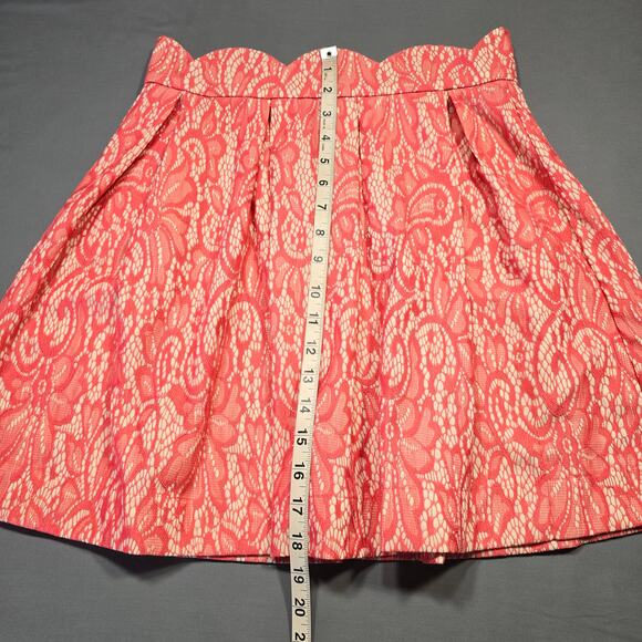Blue Rain Pink Coral Mini Skirt Women's Size L Pleated Aline Paisley Lace Lined - Picture 8 of 9